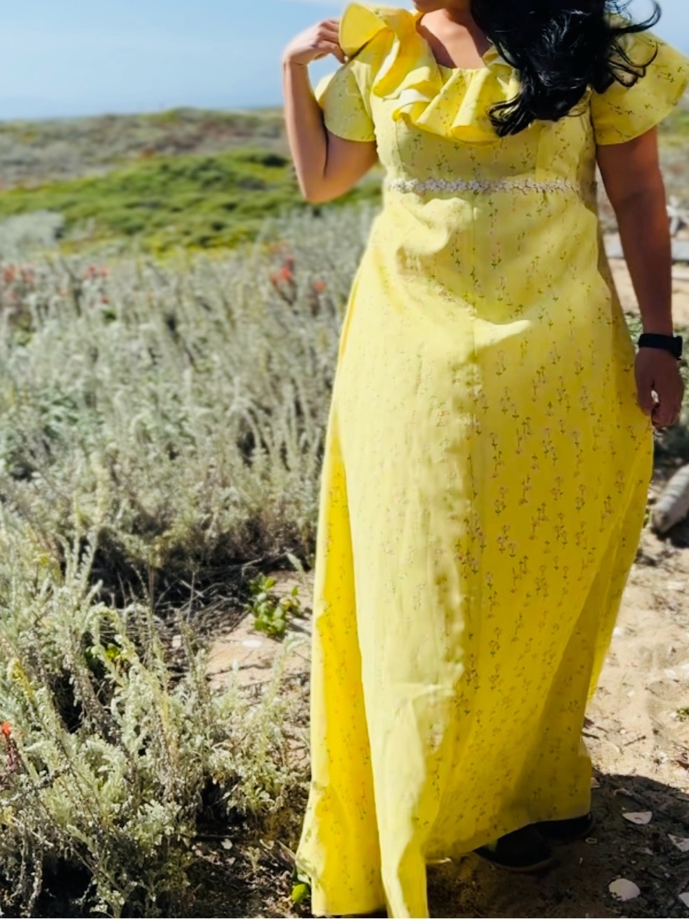 Vintage 1960s 1970s Sunny Yellow Ruffle Neck Maxi Dress